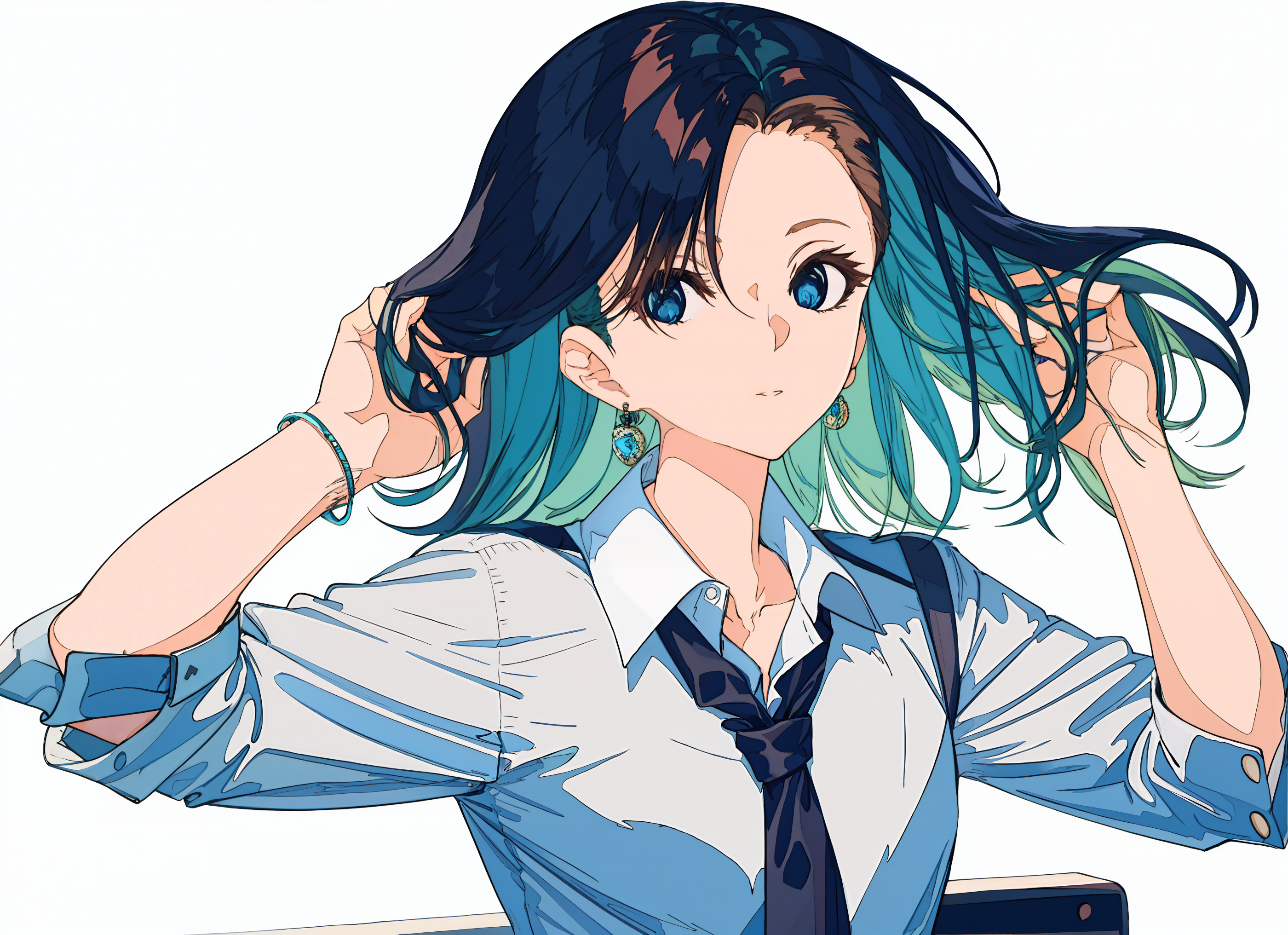 1238415-2712750750-1girl, solo, asakura toru, necktie, shirt, clothes around waist, simple background, looking at viewer, skirt, multicolored hair,.png